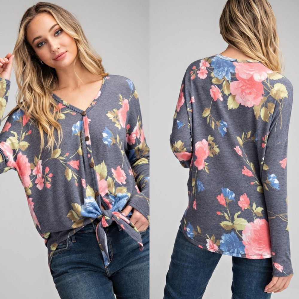 Floral button down top with front tie - Picture 2 of 8